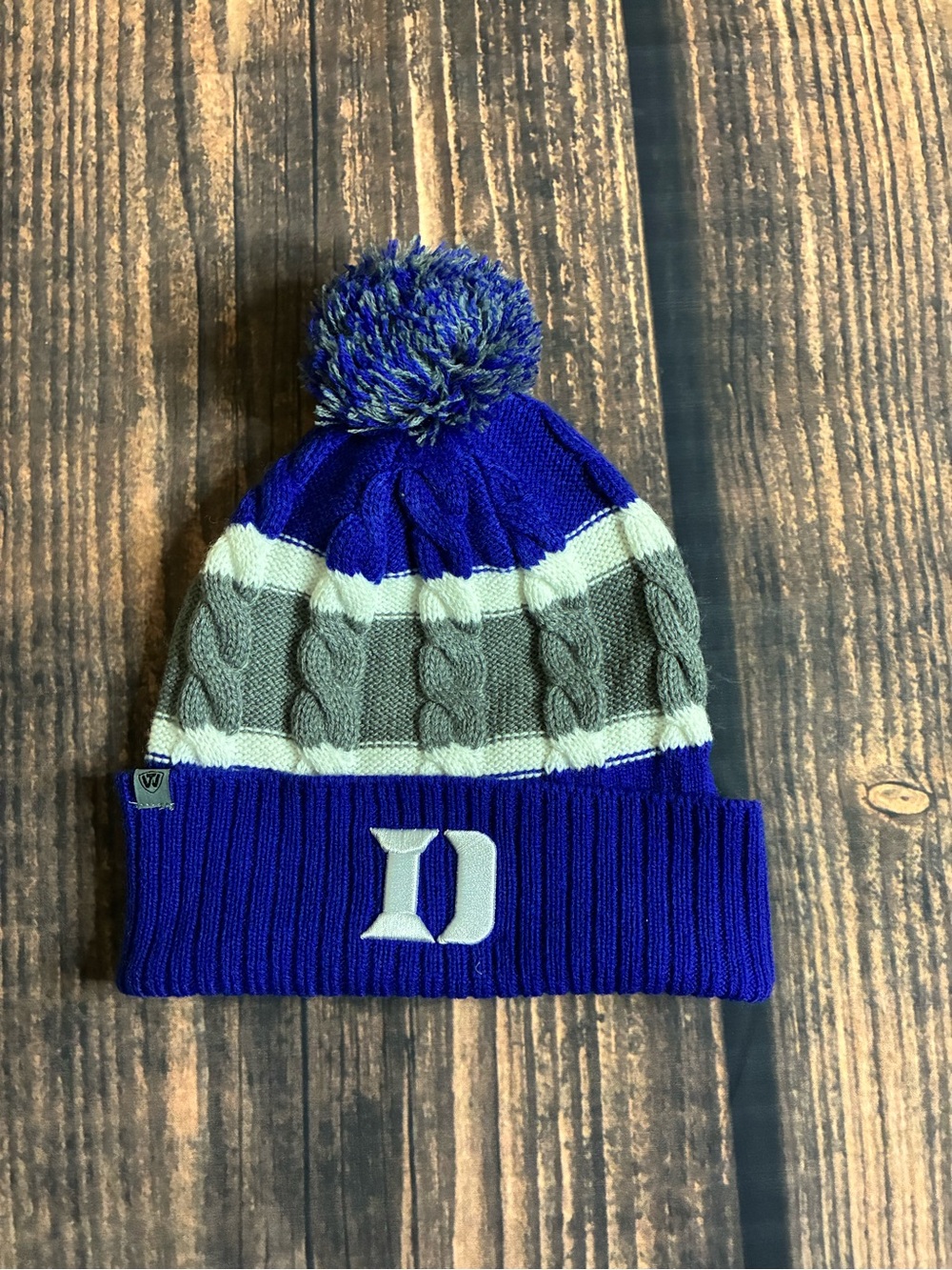 Kids Blue and Gray Pom Cuffed Beanie with Embroidered D
